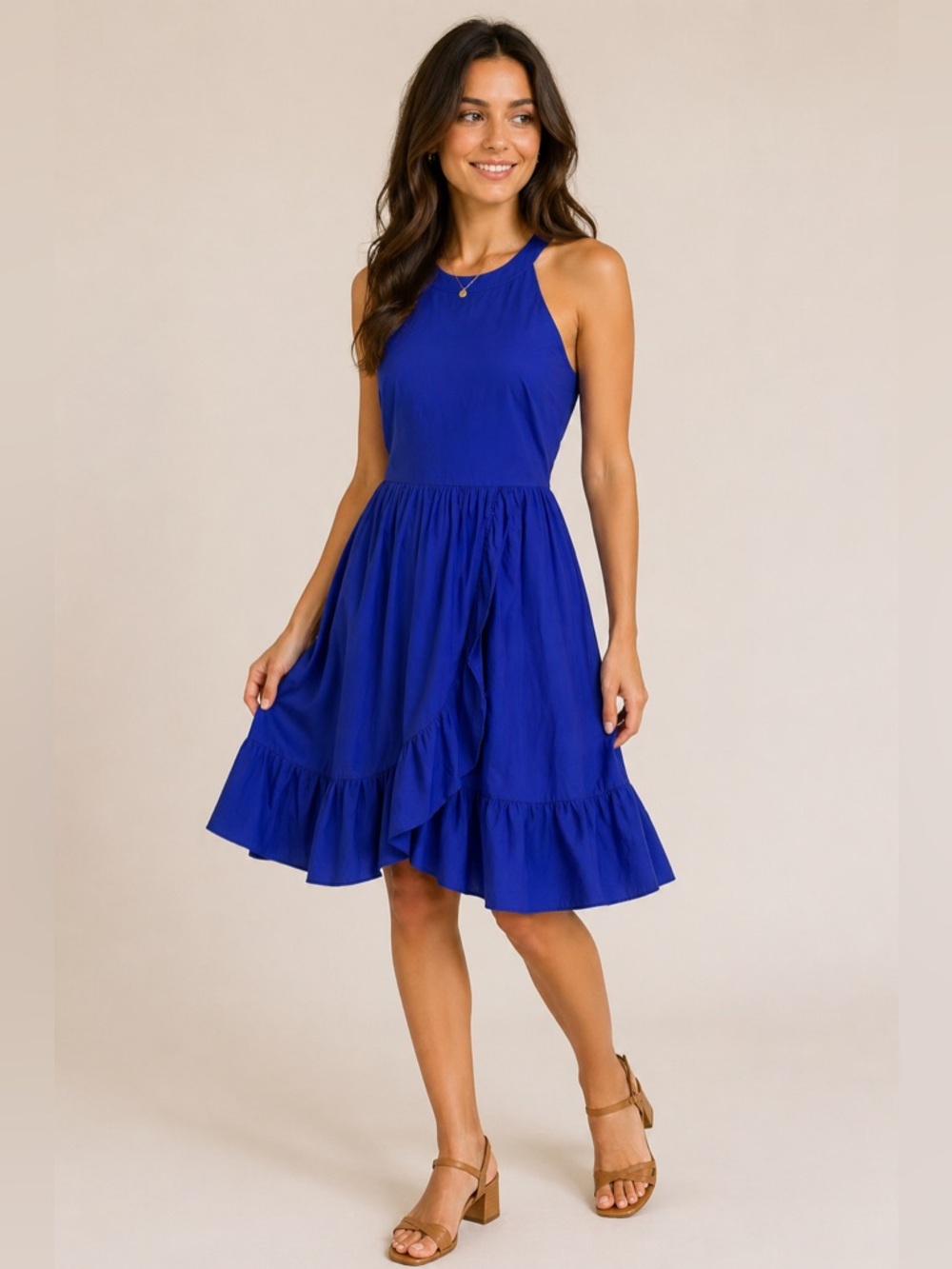 Eliza J Womens Size 6 Royal Cobalt Blue Cotton Blend Faux Wrap Ruffle Dress